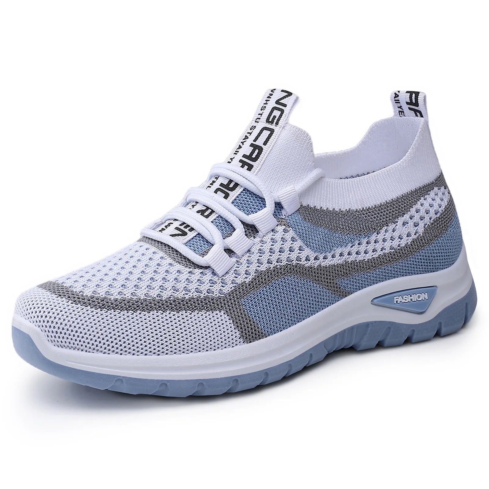 White and gray sneaker with brand logo on a white background