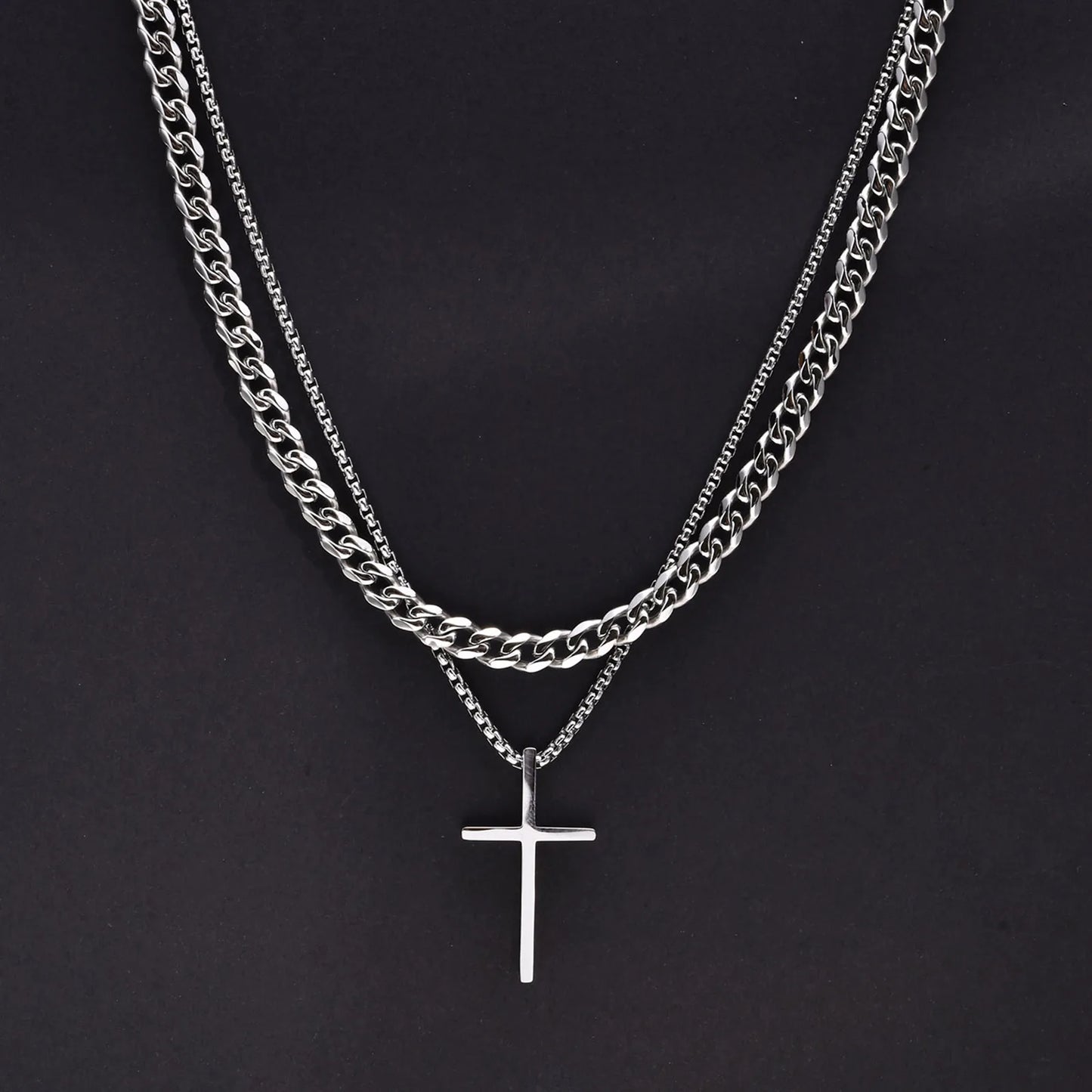 Vnox stainless steel layered men’s cross pendant necklace with rope chain  -  two chains 