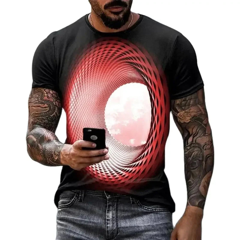 Man wearing a black t-shirt with a red and white abstract design, holding a phone.