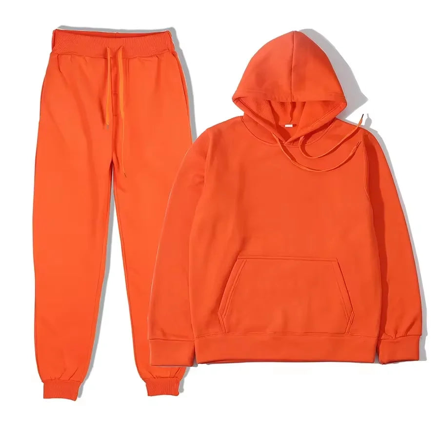 Unisex solid color fleece hoodie and pants two‑piece sports set for autumn and winter orange