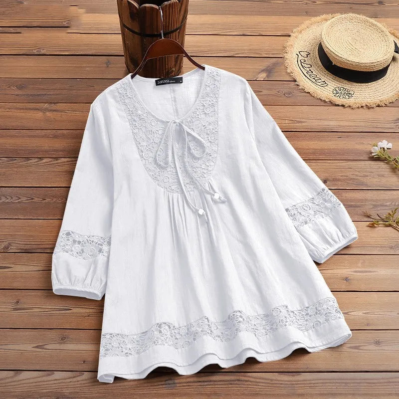 Women’s cotton linen lace blouse loose fit three-quarter sleeve summer top white 02