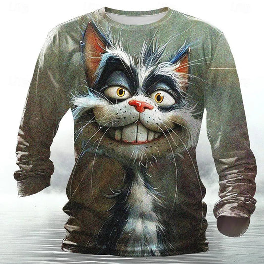 Long-sleeve shirt with a graphic of a cat's face on a gray background
