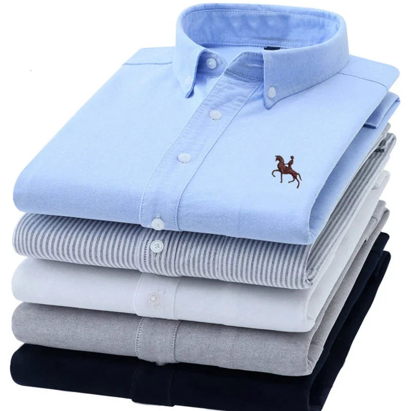 Men’s Oxford Cotton Shirt – Long Sleeve Embroidered Horse Design