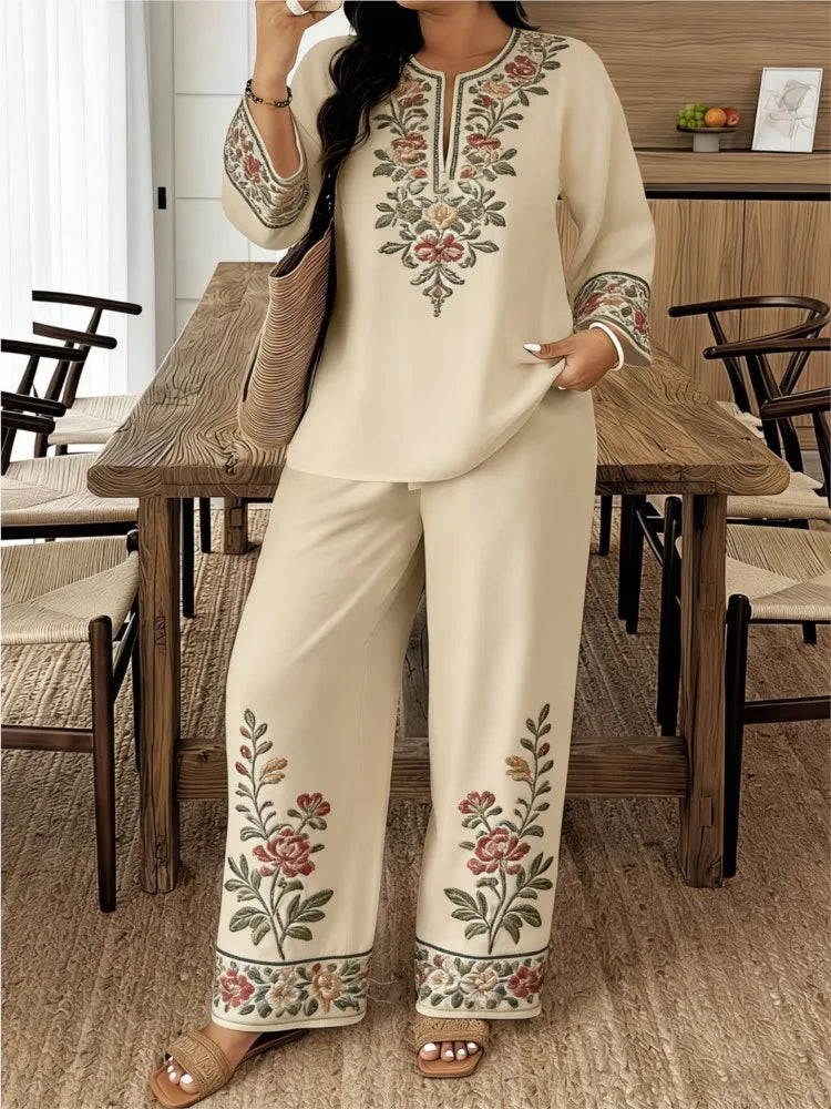 Fashion Retro Printed Long-sleeved O Neck Shirt And Trousers Women's Suit Autum Loose Simple Ethnic Female Trousers 2-piece Set