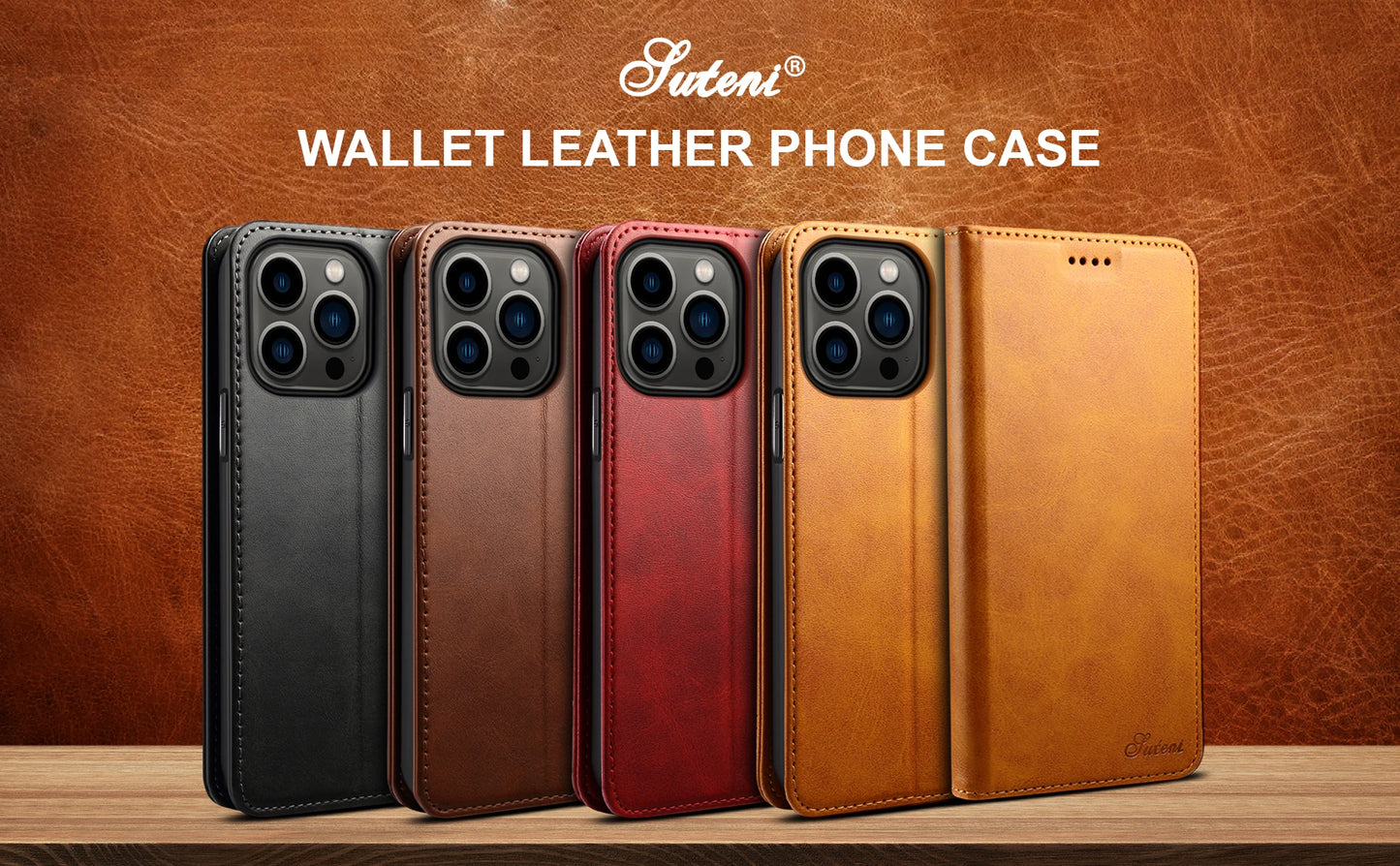 Four wallet leather phone cases in black, brown, red, and tan on a wooden surface with a brown leather background.
