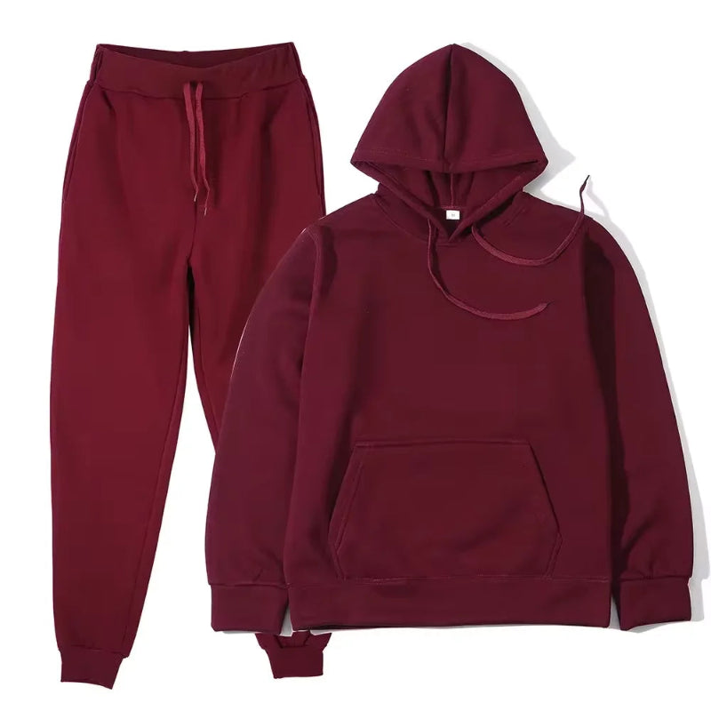 Unisex solid color fleece hoodie and pants two‑piece sports set for autumn and winter burgundy