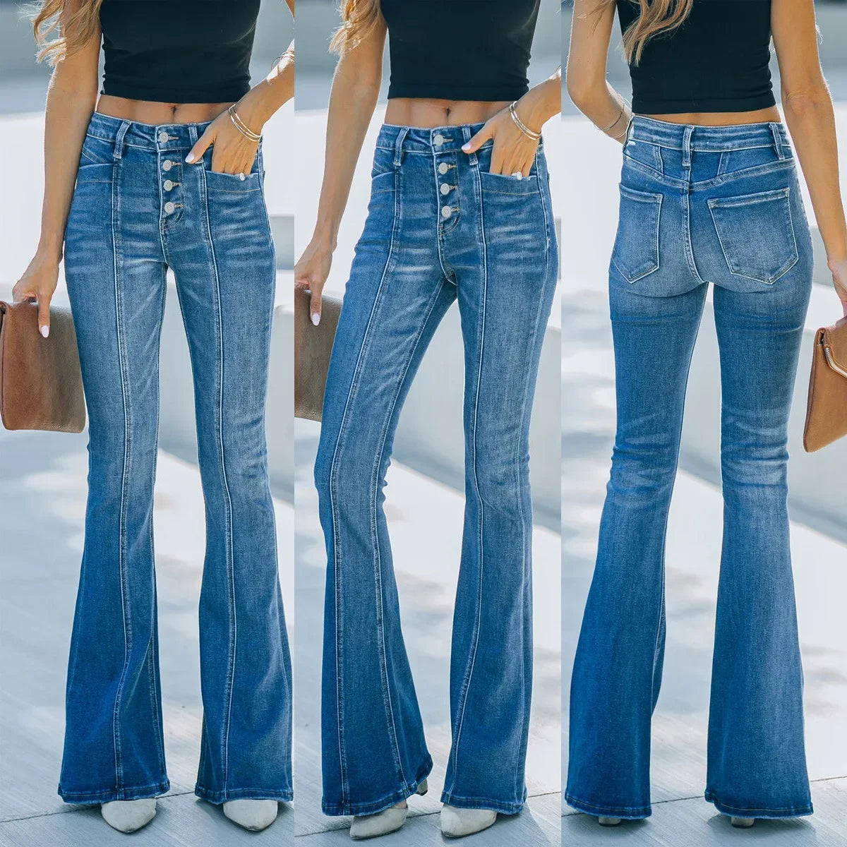 Jeans Flare Pants Women Streetwear Washed Button Fly Mid Waist Pockets Distressed Denims Female Trousers 2025 Vintage Boot Cut