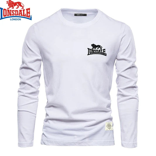 Men’s embroidered LONSDALE 100% cotton long sleeve round neck T-shirt – casual and outdoor sportswear. white