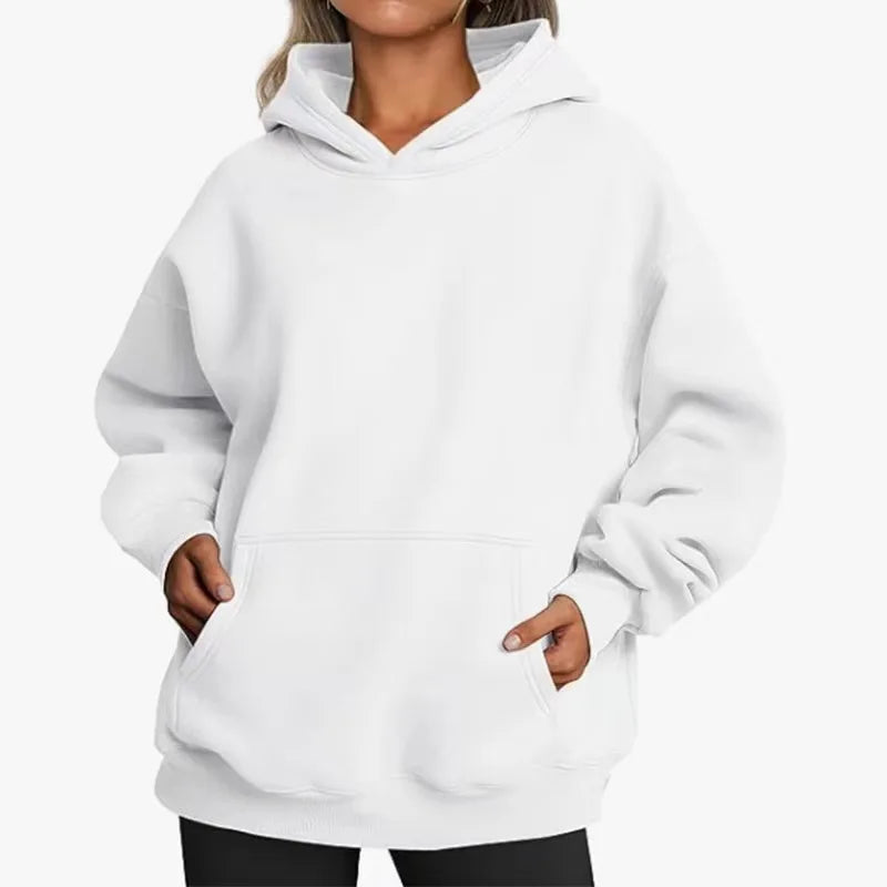 White hoodie worn by a person on a white background