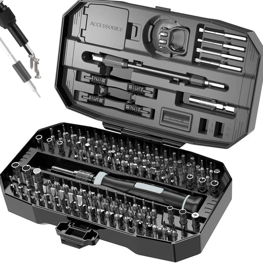 Screwdriver set with various bits in an open black case on a white background