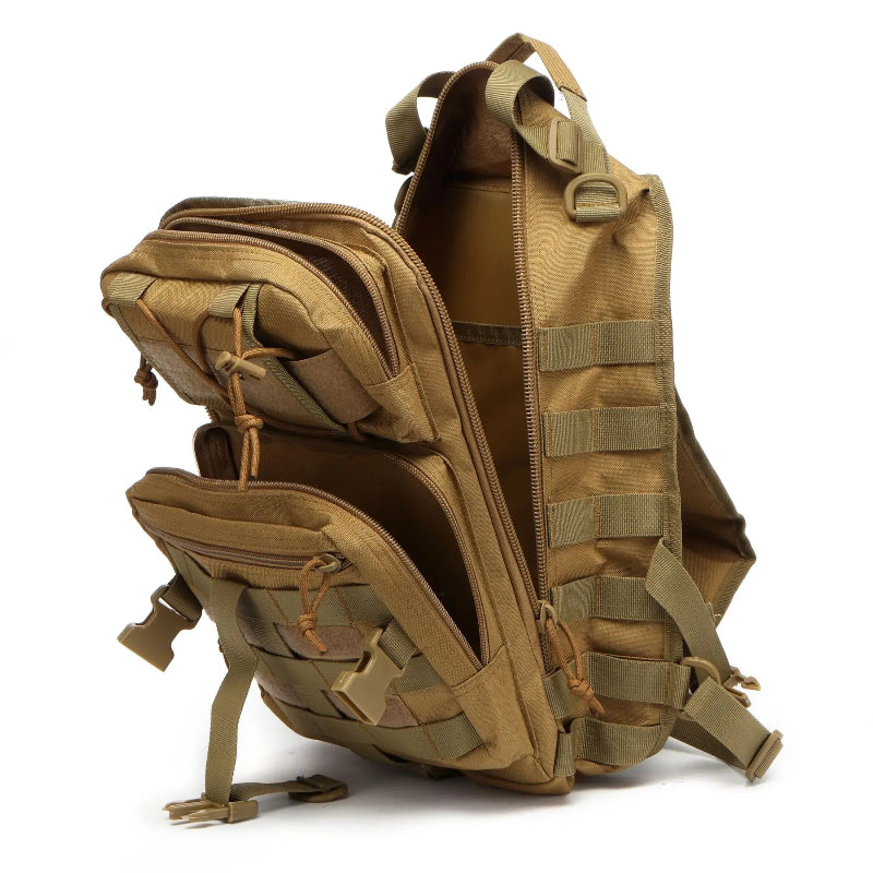 Tan tactical backpack on a white background