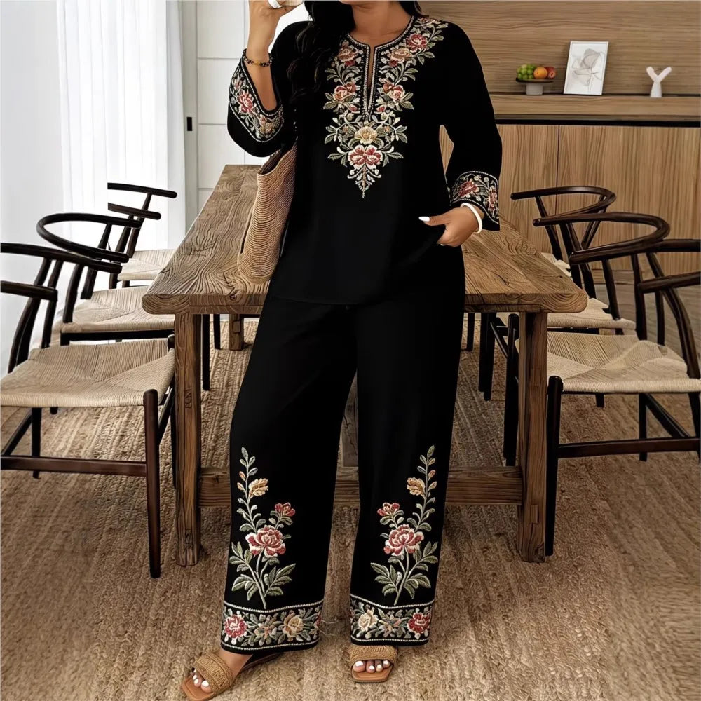 Fashion Retro Printed Long-sleeved O Neck Shirt And Trousers Women's Suit Autum Loose Simple Ethnic Female Trousers 2-piece Set