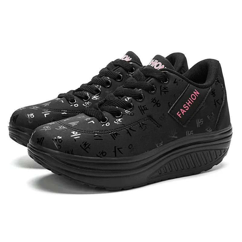 Black sneakers with 'Fashion' label on a white background