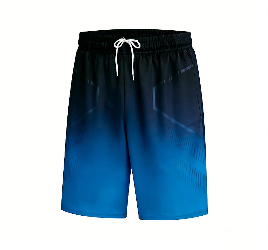 Blue and black gradient shorts with a white drawstring on a white background