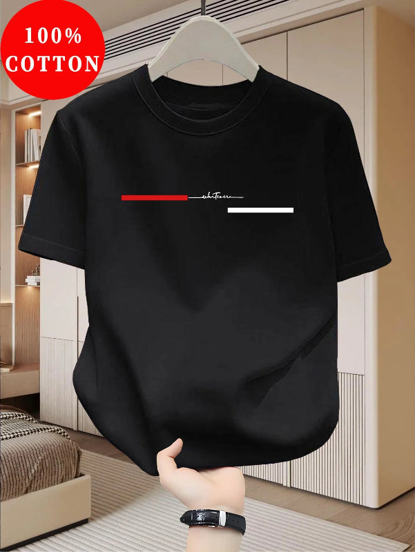 Black t-shirt with a graphic design on a hanger in a room.
