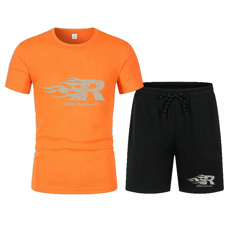 Orange t-shirt and black shorts with a logo on a white background