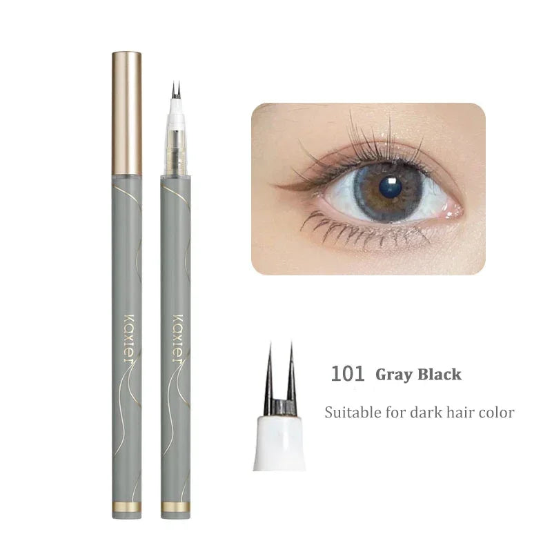 Eyebrow pencil with applicator and close-up of an eye wearing the product, suitable for dark hair color.