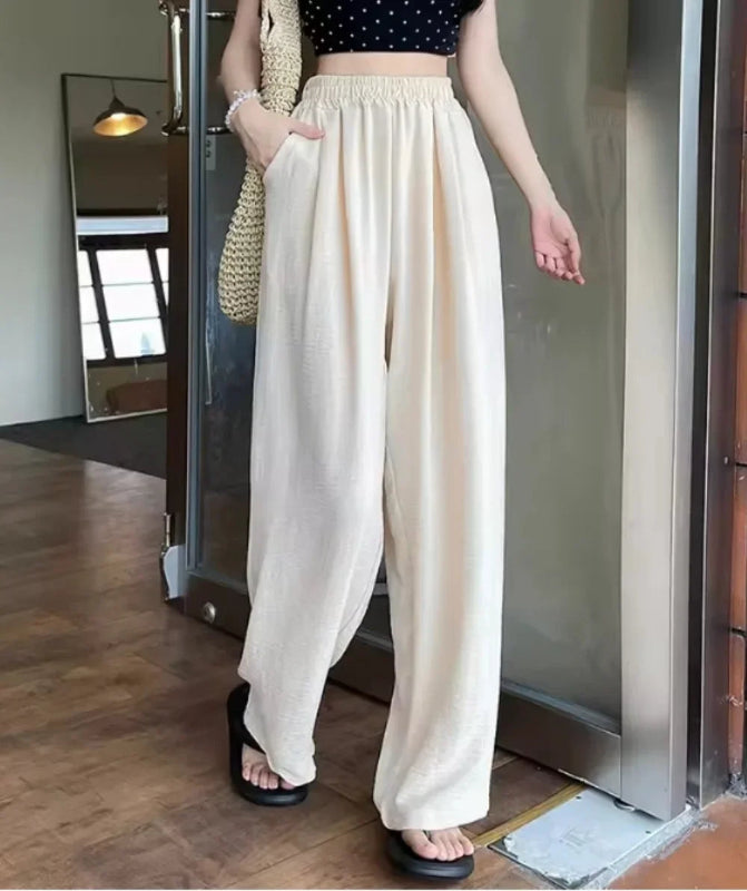 Women’s ankle‑length ice silk wide‑leg pants with elastic waist in solid colorbeige