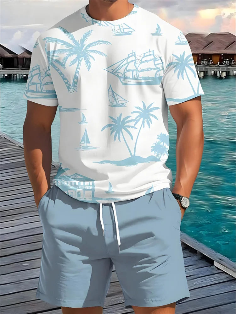 Men's Summer Fashion Casual Loose-Fit Set Plus Size Coconut Grove Print Crew Neck Short Sleeve Drawstring Shorts Two-Piece Set