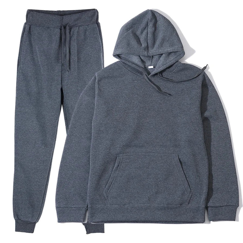 Gray hoodie and sweatpants set on a white background