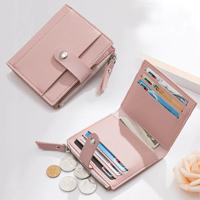 Women's PU leather mini wallet with zipper, hasp, and multi-card slots - pink-02