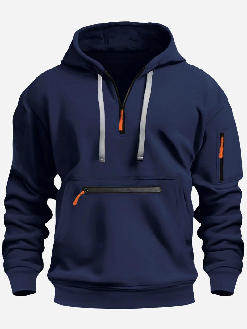 Navy blue hoodie with orange zippers on a white background