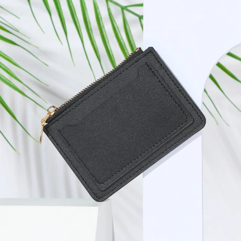 Women's PU leather mini wallet with zipper, hasp, and multi-card slots - Black