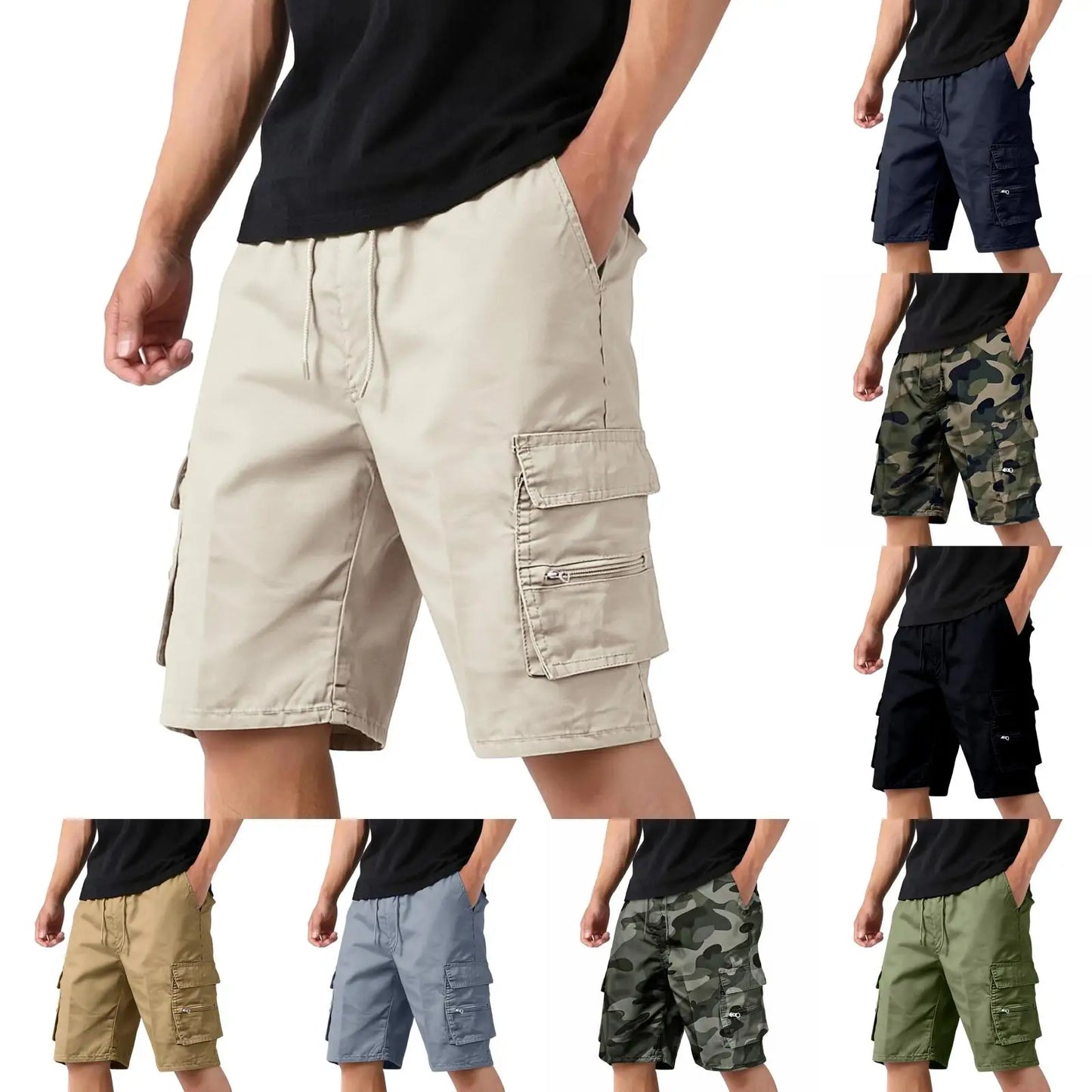 Men'S Casual Cargo Shorts Multi-Pocket Loose Fit Drawstring Waist Summer Outdoor Hiking Shorts Solid Camouflage Color Quick Dry