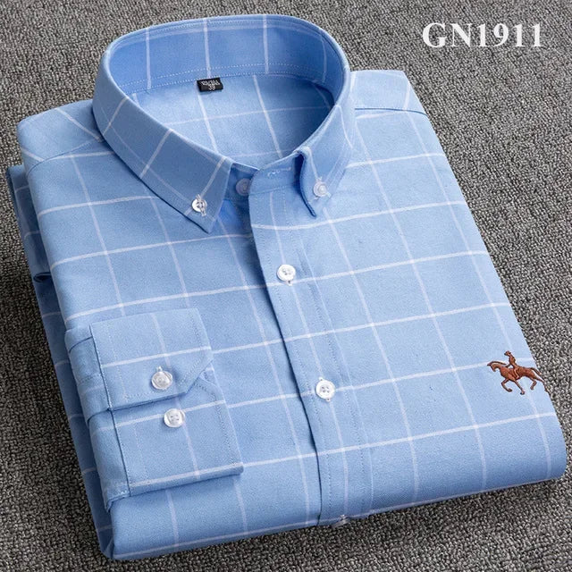 Men’s Oxford Cotton Shirt – Long Sleeve Embroidered Horse Design