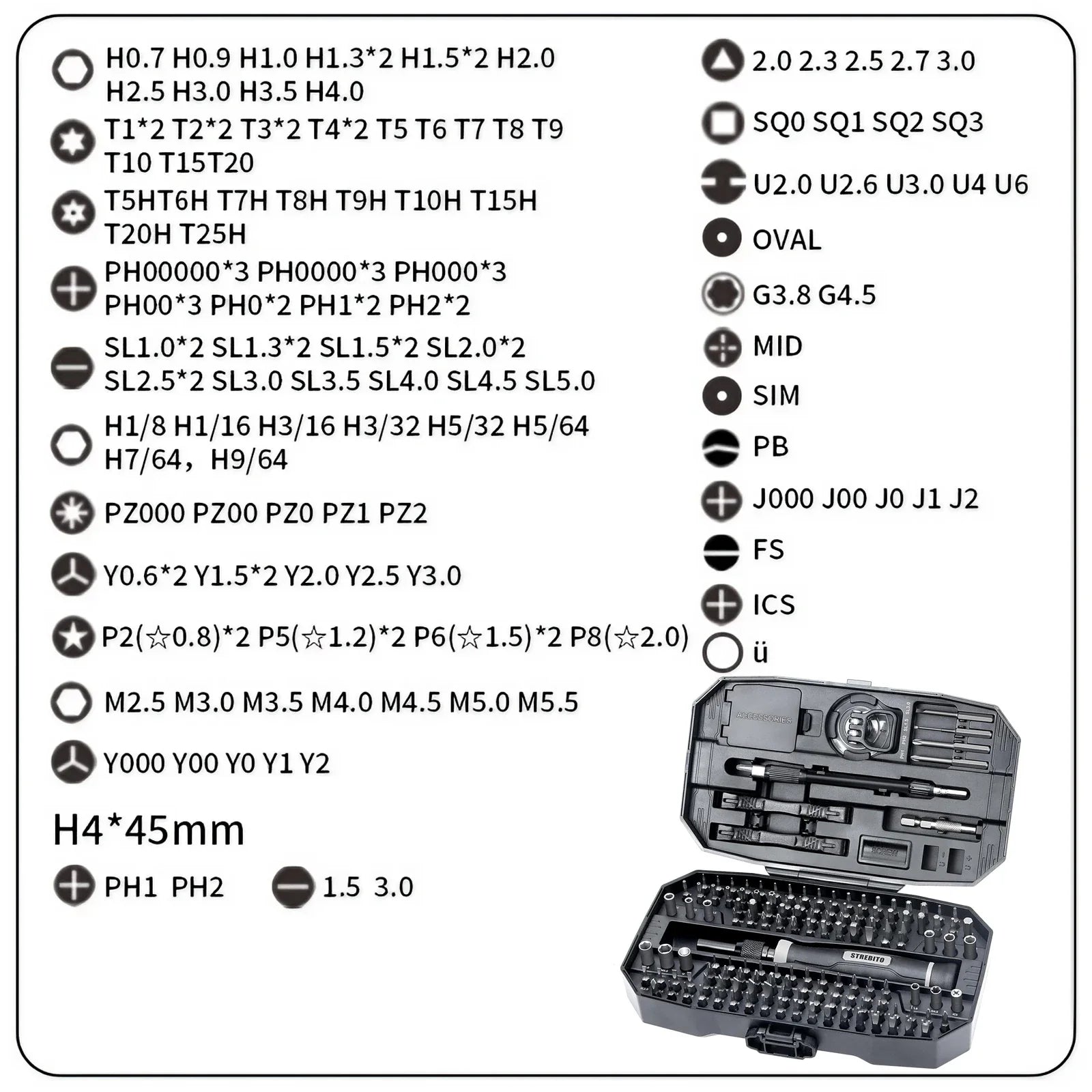 Technical diagram with tool specifications and a toolbox illustration on a white background