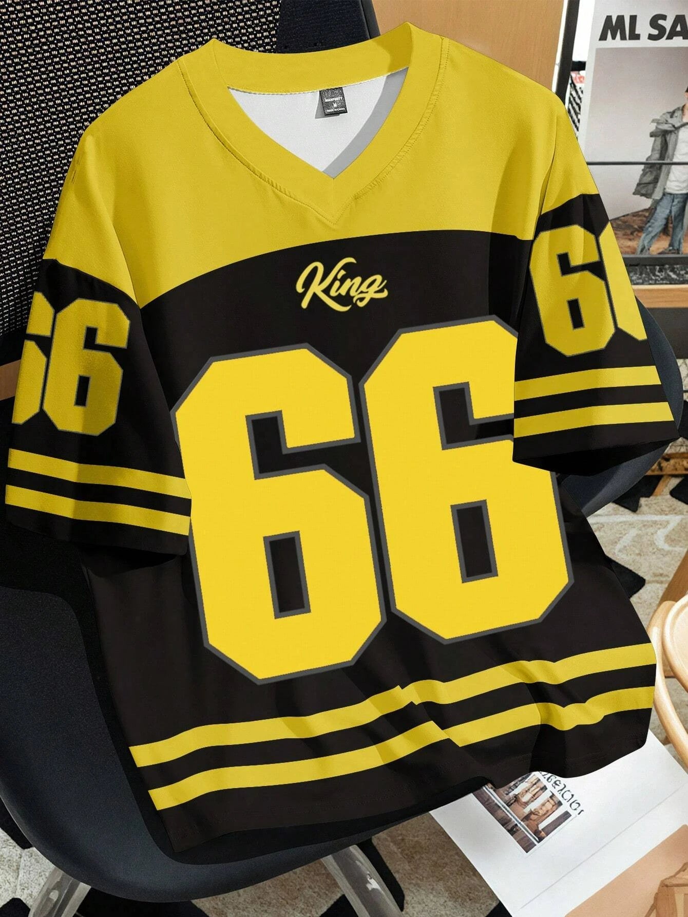 Women Clothing No.66 V-neck Football Jersey  -yellow and black