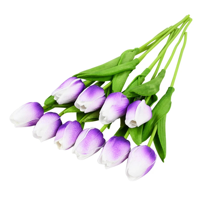10PCS real touch artificial tulip flower bouquet for wedding, home, or garden decoration-white and purple
