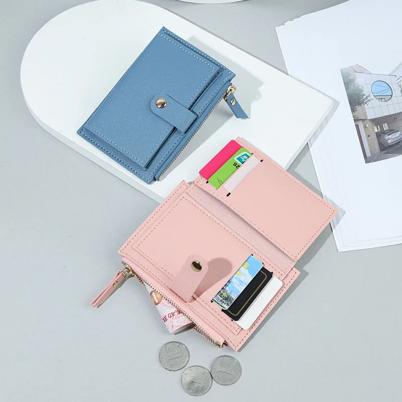 Women's PU leather mini wallet with zipper, hasp, and multi-card slots  - blue and pink