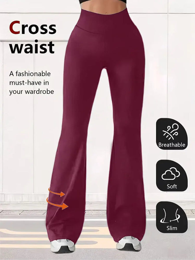 Maroon flared pants with cross waist design on a white background