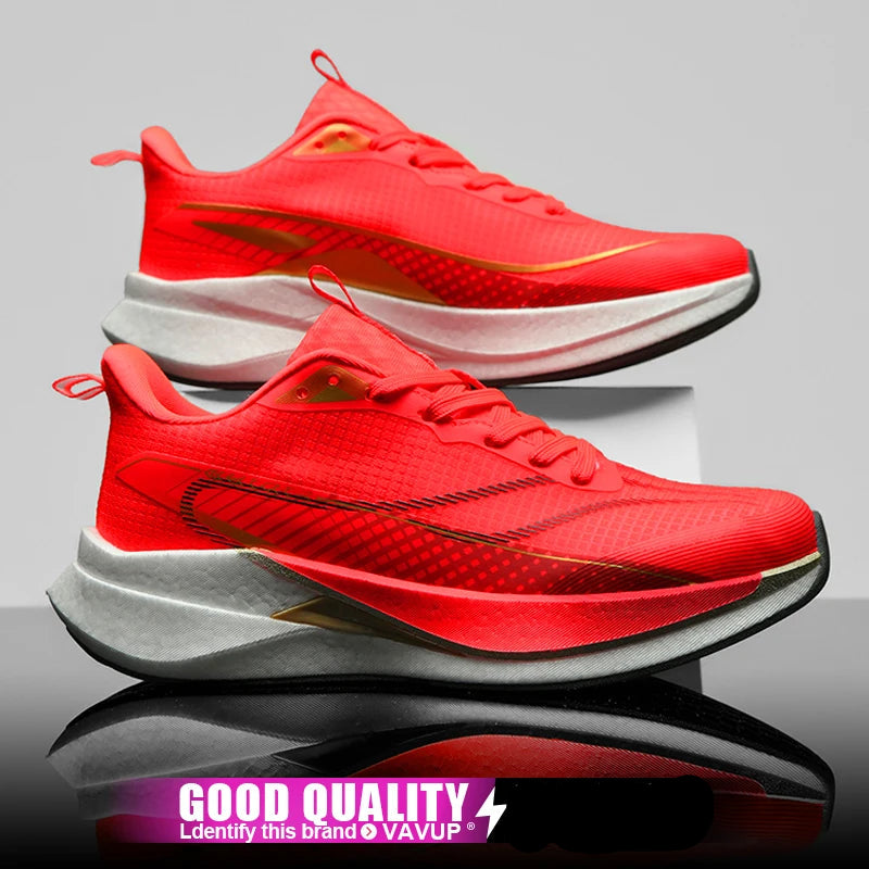 Red running shoes with a gray background and promotional text overlay.