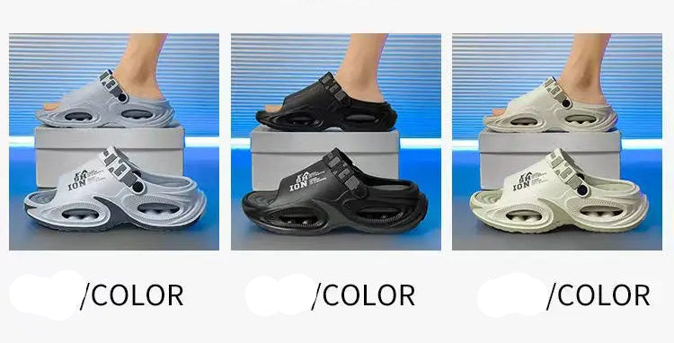 Product color swatches with three pairs of shoes in gray, black, and green on a white background.