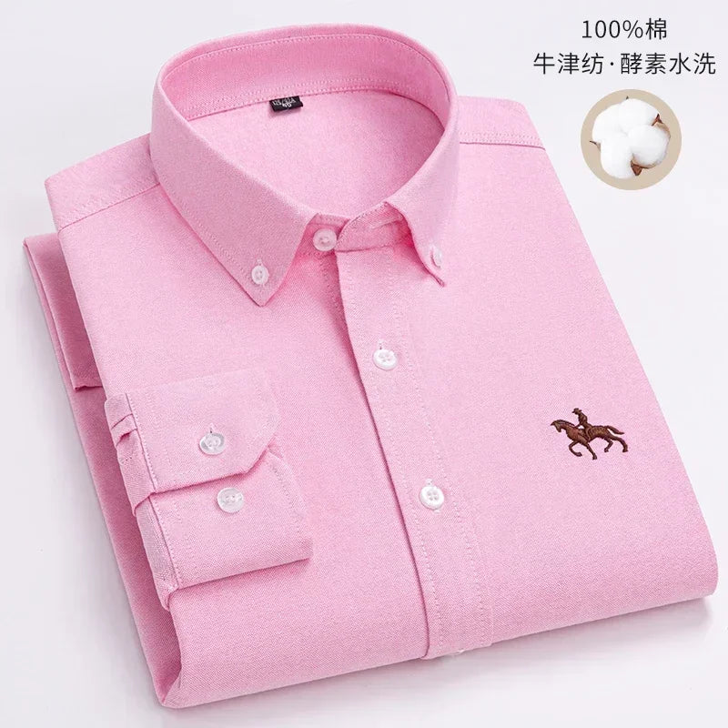 Men’s Oxford Cotton Shirt – Long Sleeve Embroidered Horse Design