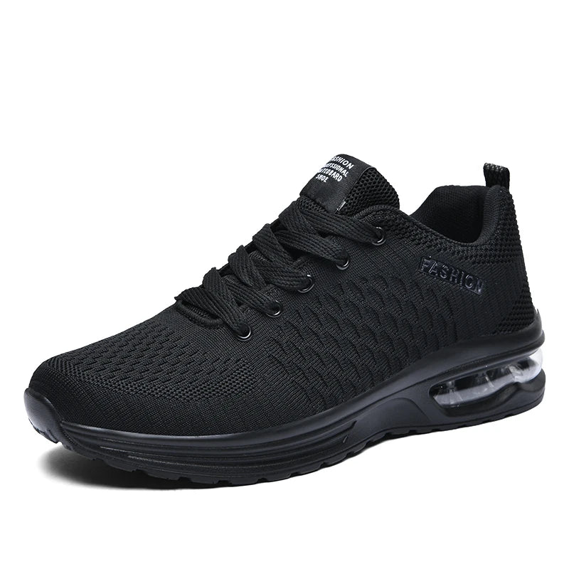 Black sneaker with air cushion sole on a white background
