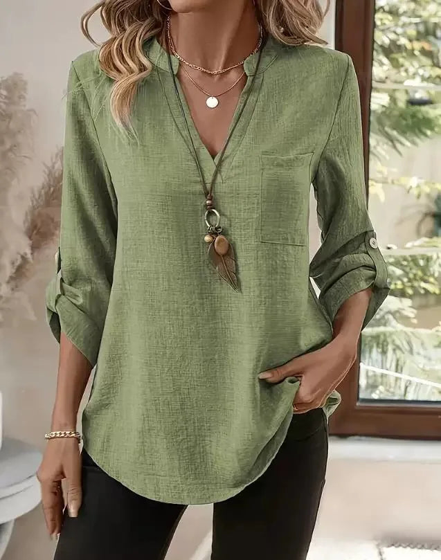 Women Three-quarter Sleeve Solid Color Spring  Elegant V-neck Blouse Autumn Loose Casual Shirts Pocket Pullover 2026 Tops