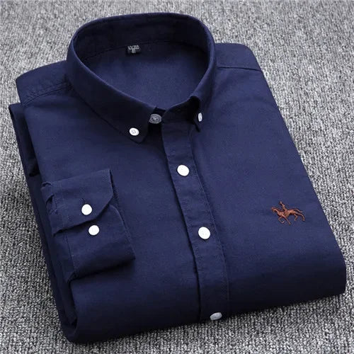 Men’s Oxford Cotton Shirt – Long Sleeve Embroidered Horse Design