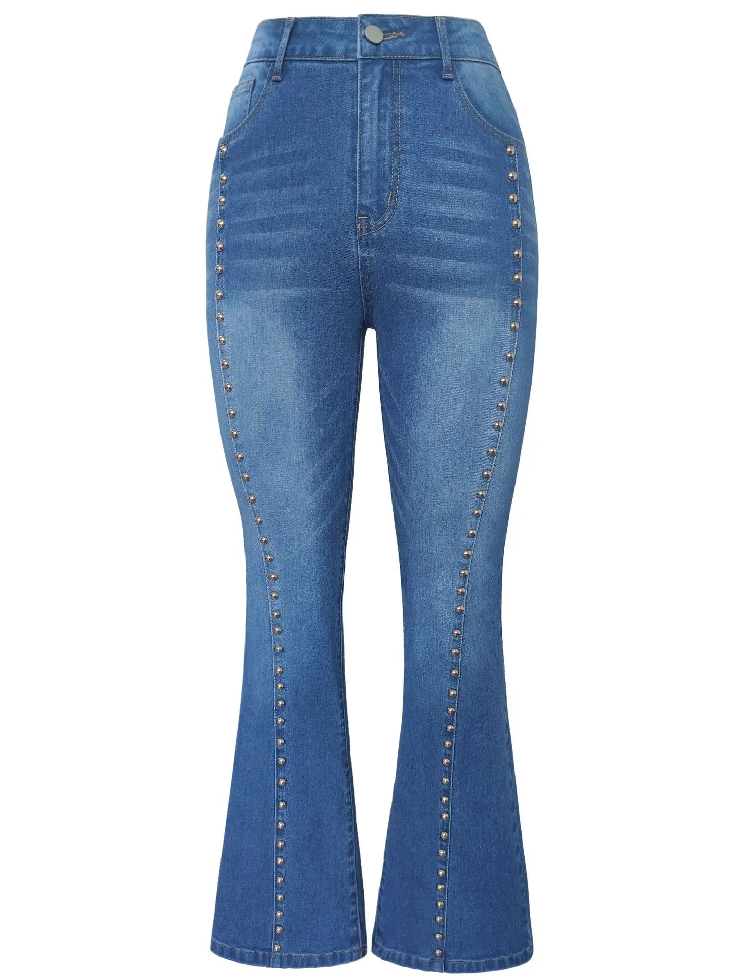 2026 Denim Flare Pants Women Jeans Boot Cut Streetwear Rivet Pockets Button High Waist Stretch Distressed Washed Skinny Trousers