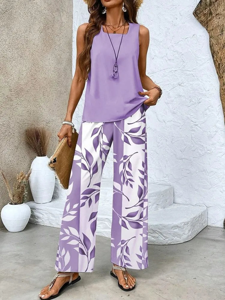 Comfortable Casual Square Collar Pullover Vest Long Trousers Digital Print Two-piece Set Women's Simple Commuting Trousers Set