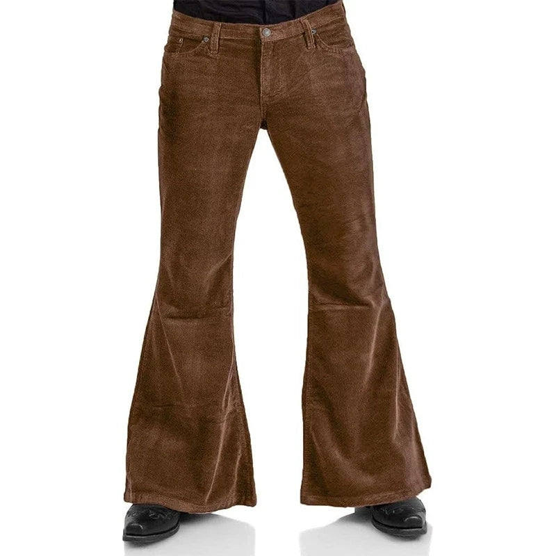 Brown bell-bottom pants on a white background