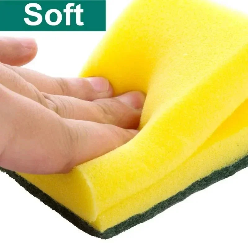 Yellow sponge with a hand pressing on it, labeled 'Soft'.