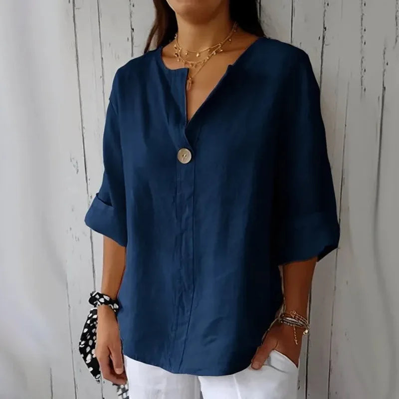 Plus-size Women's Spring and Summer New Arrival Solid Color European and American Casual Style Cotton Linen Mid-sleeve T-shirt
