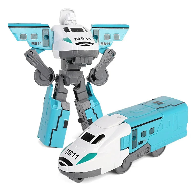 Toy robot transforming into a train on a white background