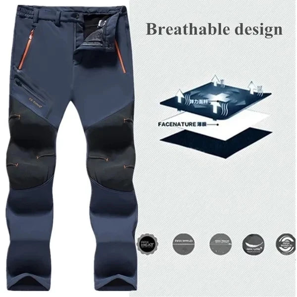 Blue hiking pants with breathable design features on a white background