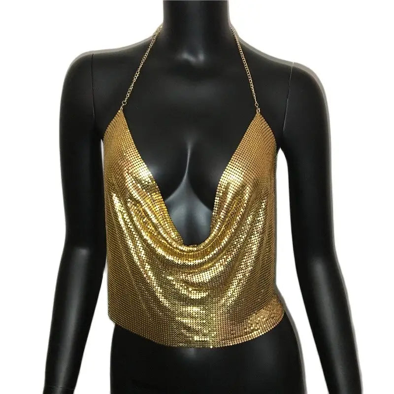 Women’s Metal Sequin V‑Neck Backless Crop Top – Party Tank