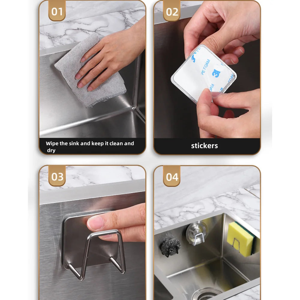 Stainless steel sponge holder mounted inside a kitchen sink holding sponge and brush with water draining 7