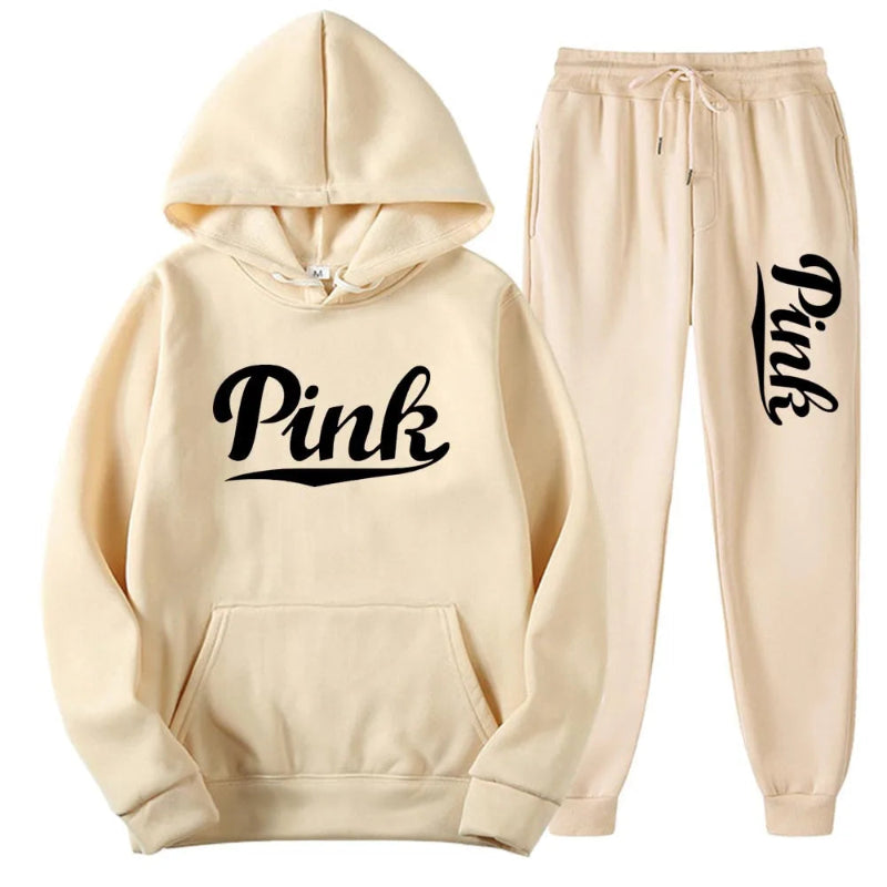 Beige hoodie and pants set with 'Pink' text on a white background